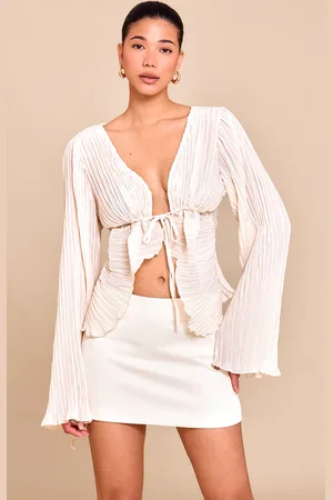PRETTYLITTLETHING Sheer Plisse Tie Front Flute Sleeve Blouse
