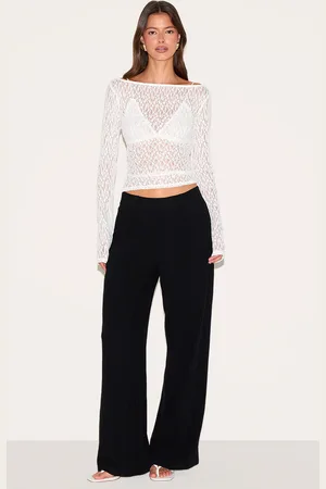 PRETTYLITTLETHING Textured Sheer Lace Boat Neck Long Sleeve Top