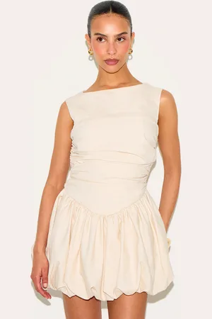PRETTYLITTLETHING Petite Linen Look Sleeveless Ruched Puffball Hem Mini Dress