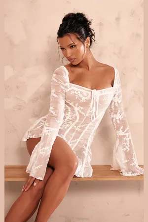 PRETTYLITTLETHING Lace Flared Sleeve Binding Detail Playsuit