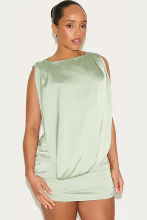 PRETTYLITTLETHING Shape Stretch Satin Boat Neck Drape Front Ruched Mini Dress