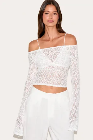 PRETTYLITTLETHING Textured Sheer Lace Bardot Flared Sleeve Long Top