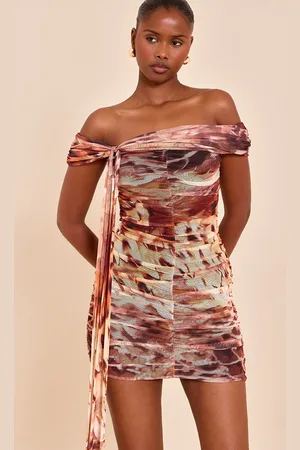 PRETTYLITTLETHING Abstract Print Lined Mesh Bardot Mini Dress