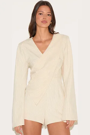 PRETTYLITTLETHING Pinstripe Peachskin Wrap Front Long Sleeve Playsuit