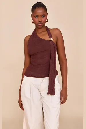PRETTYLITTLETHING Chocolate Double Layer Crinkle Mesh Drape Detail Long Top