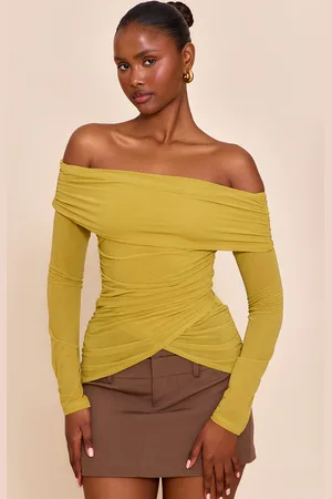 PRETTYLITTLETHING Stretch Chiffon Ruching Bardot Detail Long Sleeve Top