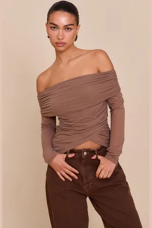 PRETTYLITTLETHING Stretch Chiffon Ruching Bardot Detail Long Sleeve Top