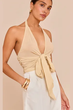 PRETTYLITTLETHING Petite Sheer V Neck Drape Detail Top