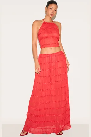 PRETTYLITTLETHING Tomato Chiffon Ruched Frill Detail Tiered Maxi Skirt