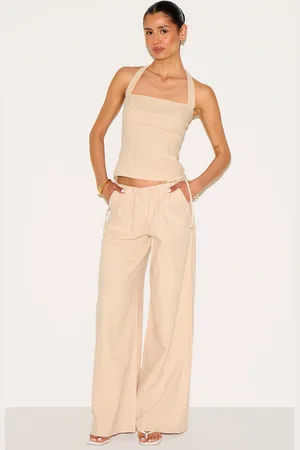PRETTYLITTLETHING Tall Premium Linen Look Side Tie Detail Wide Leg Pants