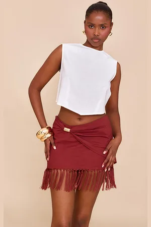 PRETTYLITTLETHING Linen Gold Trim Tassle Hem Mini Skirt