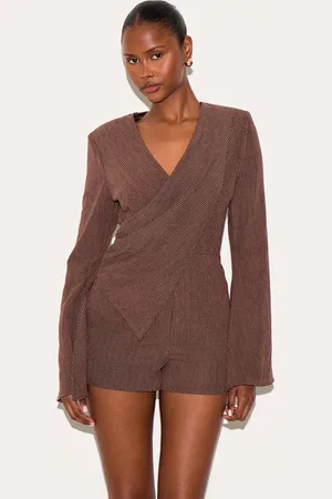 PRETTYLITTLETHING Pinstripe Peachskin Wrap Front Long Sleeve Playsuit