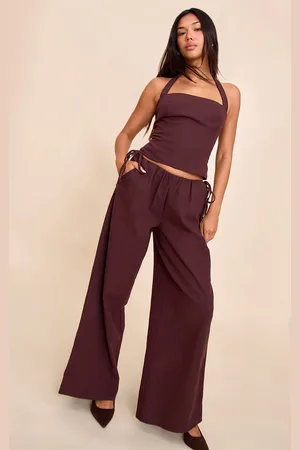 PRETTYLITTLETHING Deep Premium Linen Side Tie Detail Wide Leg Pants