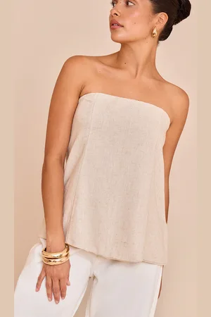 PRETTYLITTLETHING Petite Lightweight Linen Look Woven Bandeau Long Line Top