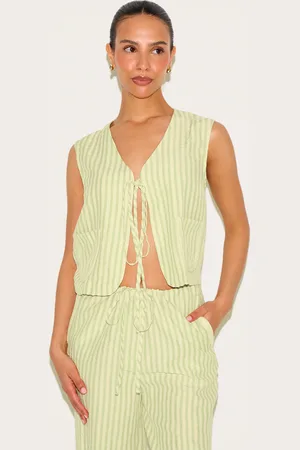 PRETTYLITTLETHING Petite Striped Woven Tie Front Longline Waistcoat