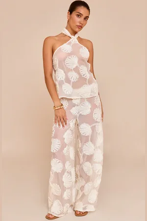PRETTYLITTLETHING Petite Sheer Shell Applique Wide Leg Pants