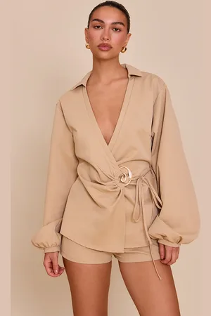 PRETTYLITTLETHING Woven Tie Front Gold Hardware Detail Shirt