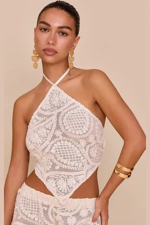 PRETTYLITTLETHING Textured Embroidered Halterneck Tie Back Top