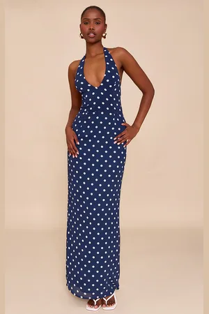 PRETTYLITTLETHING Chiffon Polka Dot Printed Plunge Neck Maxi Dress