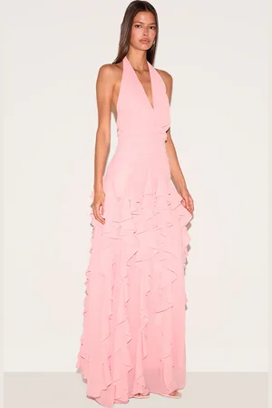 PRETTYLITTLETHING Plunge Ruched Frill Detail Maxi Dress