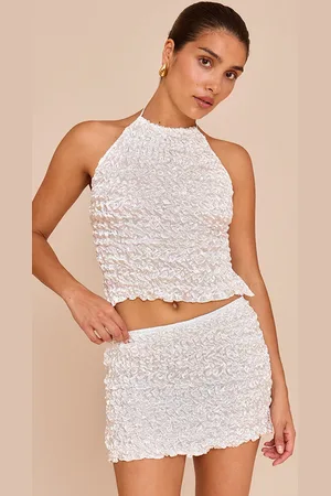 PRETTYLITTLETHING Petite Open Back Textured Shirred Top