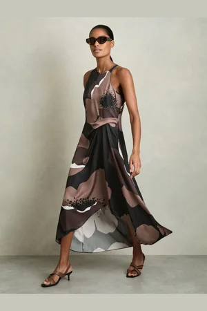 Reiss Michalie Satin Floral Tuck Midi Dress