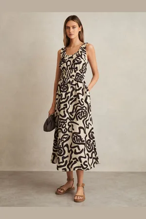 Reiss Akari Linen-Blend Printed Shirred Midi Dress