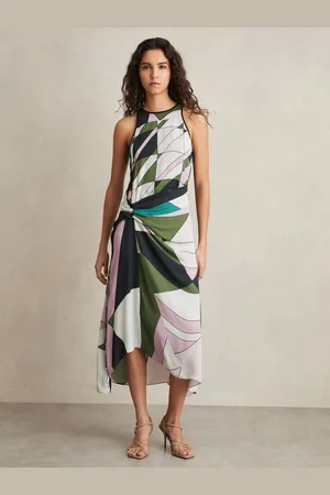 Reiss Avia Geometric-Print Gathered Midi Dress