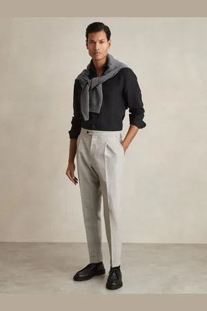 Reiss Tecnic Wool-Linen Check Tapered Trousers