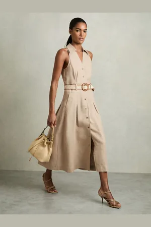 Reiss Annie Petite Linen Belted Sleeveless Midi Dress