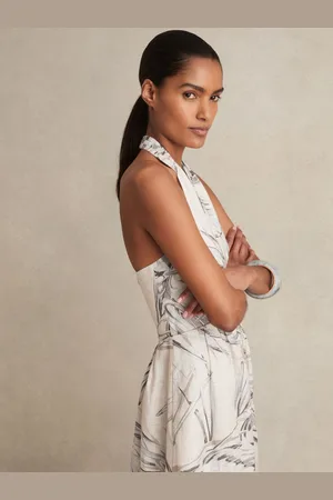 Reiss Carla Linen Palm Print Halterneck Midi Dress