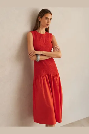 Reiss Annabel Cotton Shirred Midi Dress