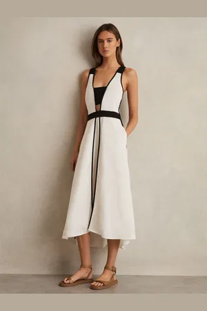 Reiss Valencia Contrast Trim Flared Midi Dress With Linen