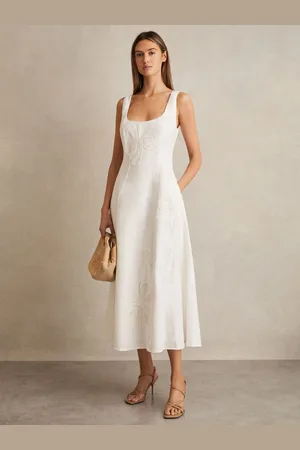Reiss Elise Linen Floral-Embroidered Midi Dress
