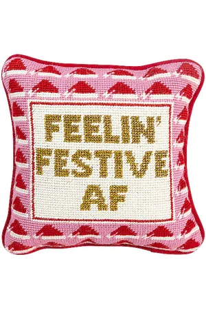 Furbish Studio Festive Af Needlepoint Pillow in Pink,Red.