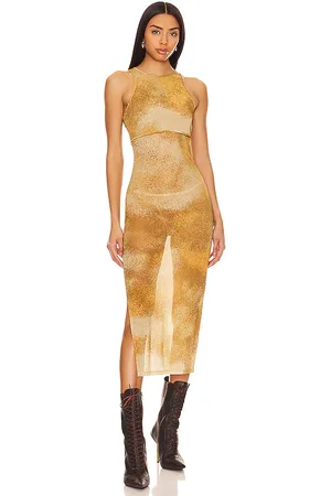 h:ours Jo Midi Dress in Olive,Yellow. Size XL.