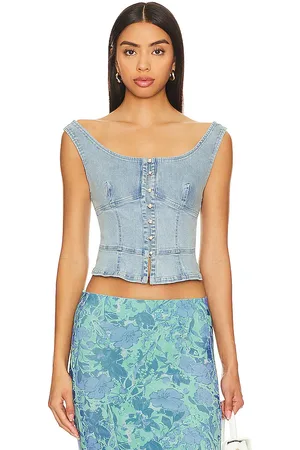 Free People Sally Denim Corset Top In Daylight Sky Combo in . Size M, S, XS.