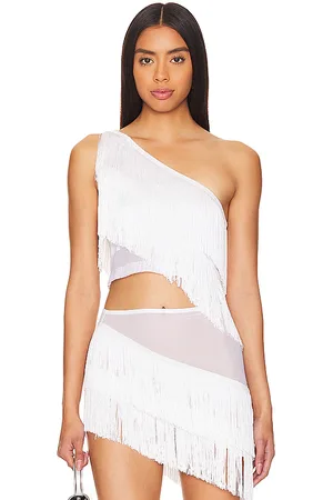 Norma Kamali Spliced Cropped One Shoulder Fringe Top in . Size M, S.