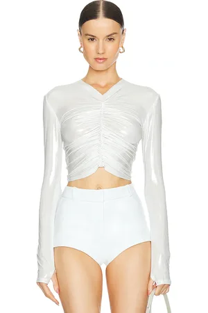 Norma Kamali Long Sleeve V Neck Shirred Front Top in . Size S, XS.