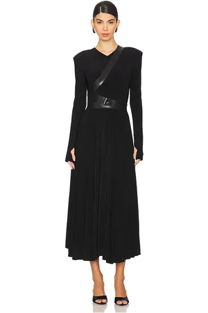 Norma Kamali Long Sleeve Shoulder Pad V Neck Flared Dress in . Size XS, XXS.