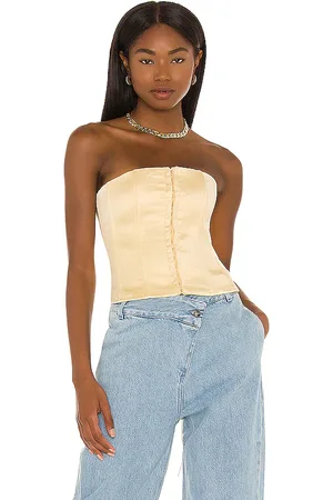 DANIELLE GUIZIO Satin Lace Up Corset in Cream in . Size M, S, XL, XS.