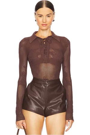 FLEUR DU MAL Lace Pointelle Collared Bodysuit in . Size M, XS.