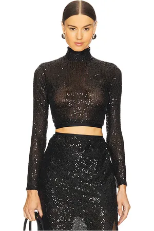 ENZA COSTA Sequin Cropped Long Sleeve Mock Neck Top in . Size 1/S, 3/L.
