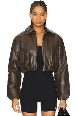 alo Faux Leather Cropped Premier Bomber Jacket in . Size M, S.