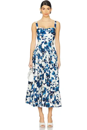 Cara Cara Santiago Midi Dress in White,Blue. Size 12, 4.