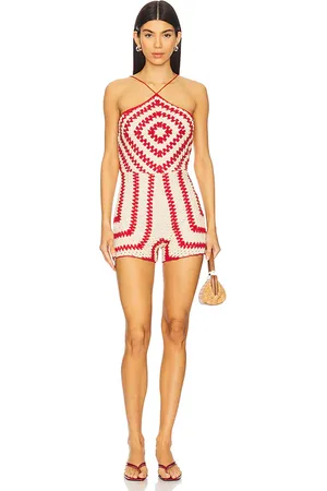 Saylor Veruca Romper in Beige,Red. Size M, S, XS.