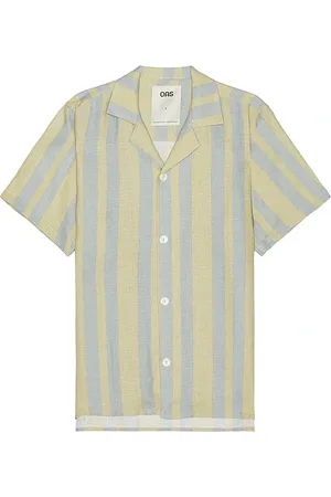 Oas Mist Strata Cuban Linen Shirt in Blue,Yellow. Size M, XL/1X.