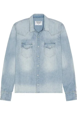 Midnight Distressed Denim Shirt in . Size M, S.