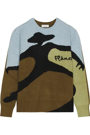 FLÂNEUR Knitted Swirl Sweater in Olive,Baby Blue. Size M, XL/1X.