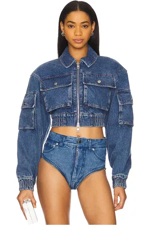 AKNVAS Kolbe Cropped Denim Bomber Jacket in . Size M, S, XL, XS.